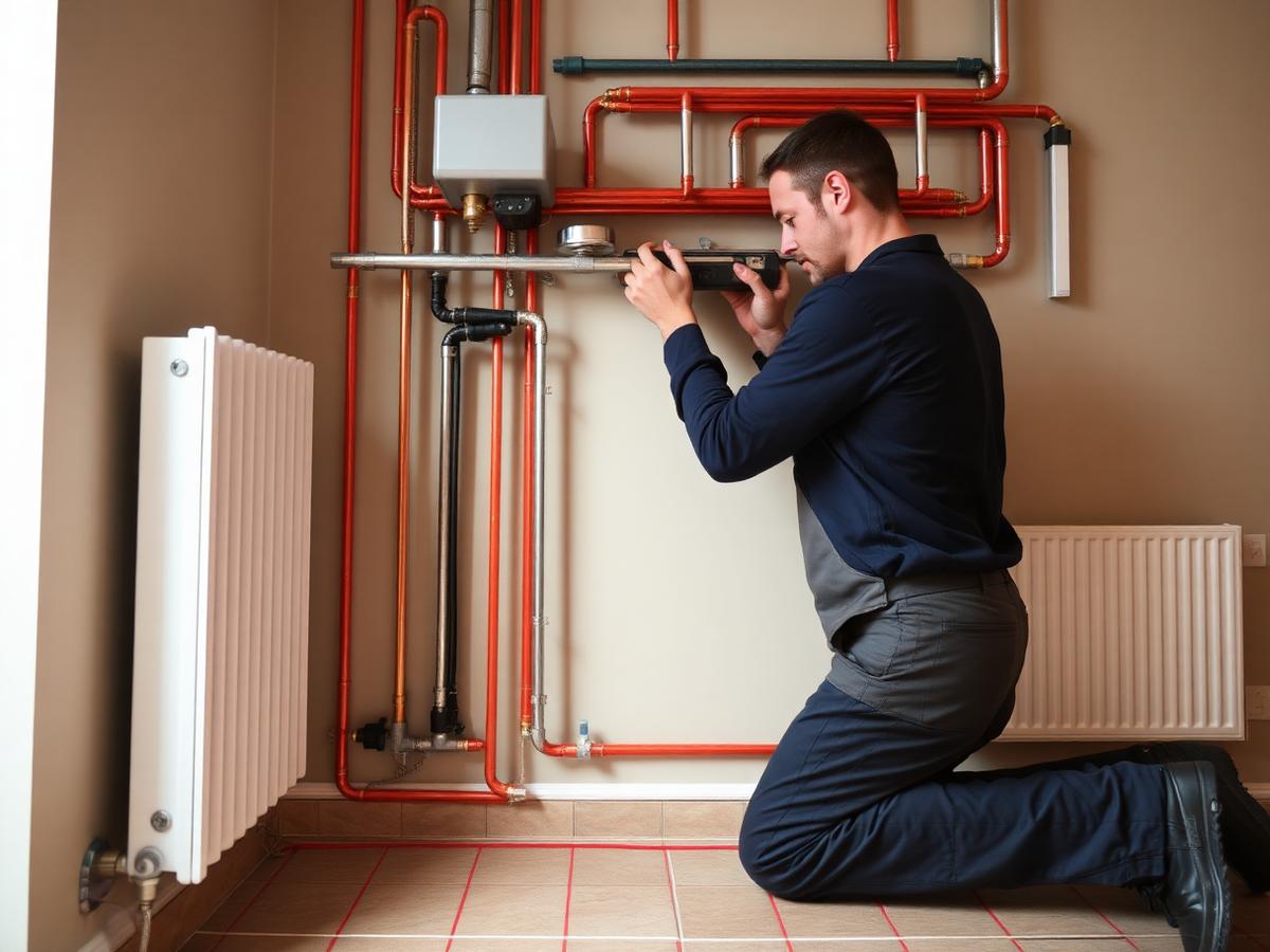 Técnico instalando el circuito de calefacción de una vivienda