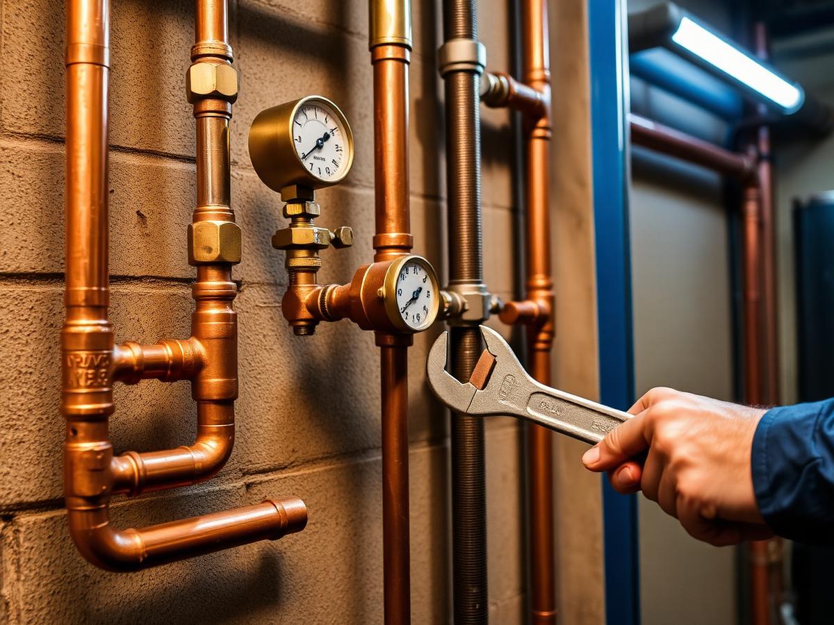 Instalación de tubería de gas con manómetros en una sala técnica